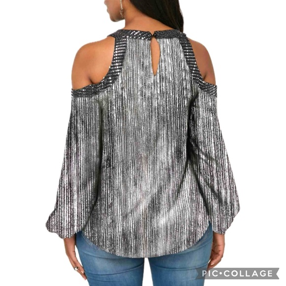Rotita Boutique Iridescent & Shimmer Metallic Pleated Cold Shoulder Halter Top - Picture 2 of 16